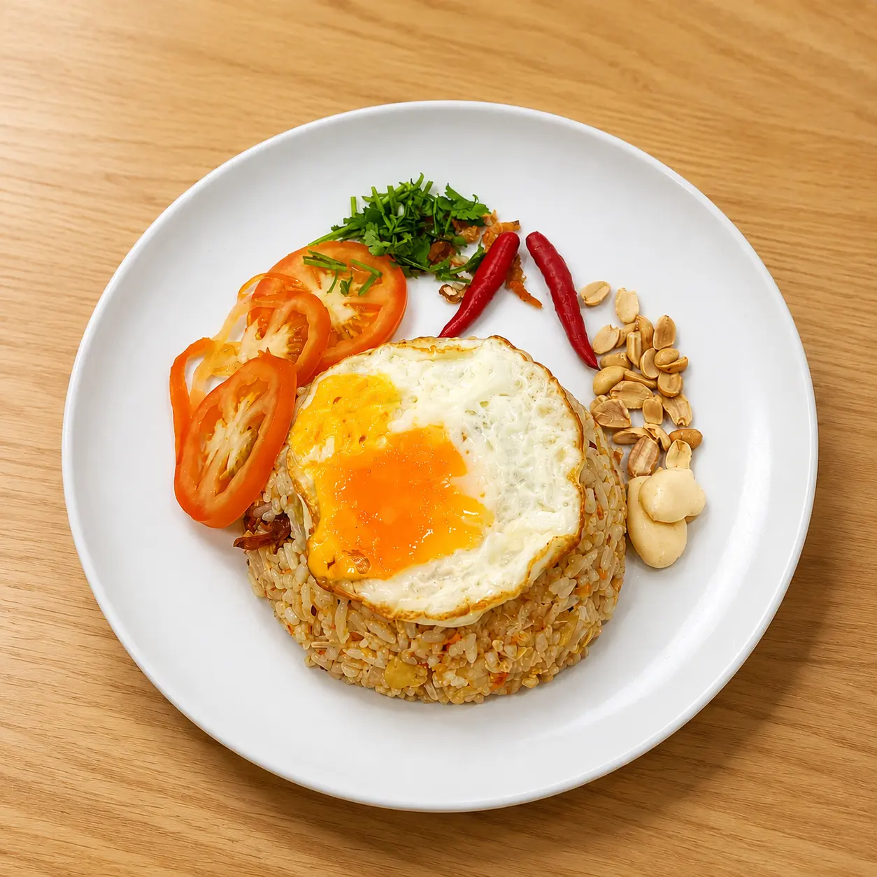 Pyay-style rice salad ringed with prawns, tomato slices, cucumber and coriander