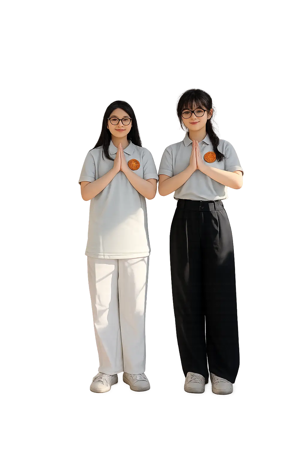 Two Burmese Village staff in cream polos giving a welcoming mingalarbar greeting
